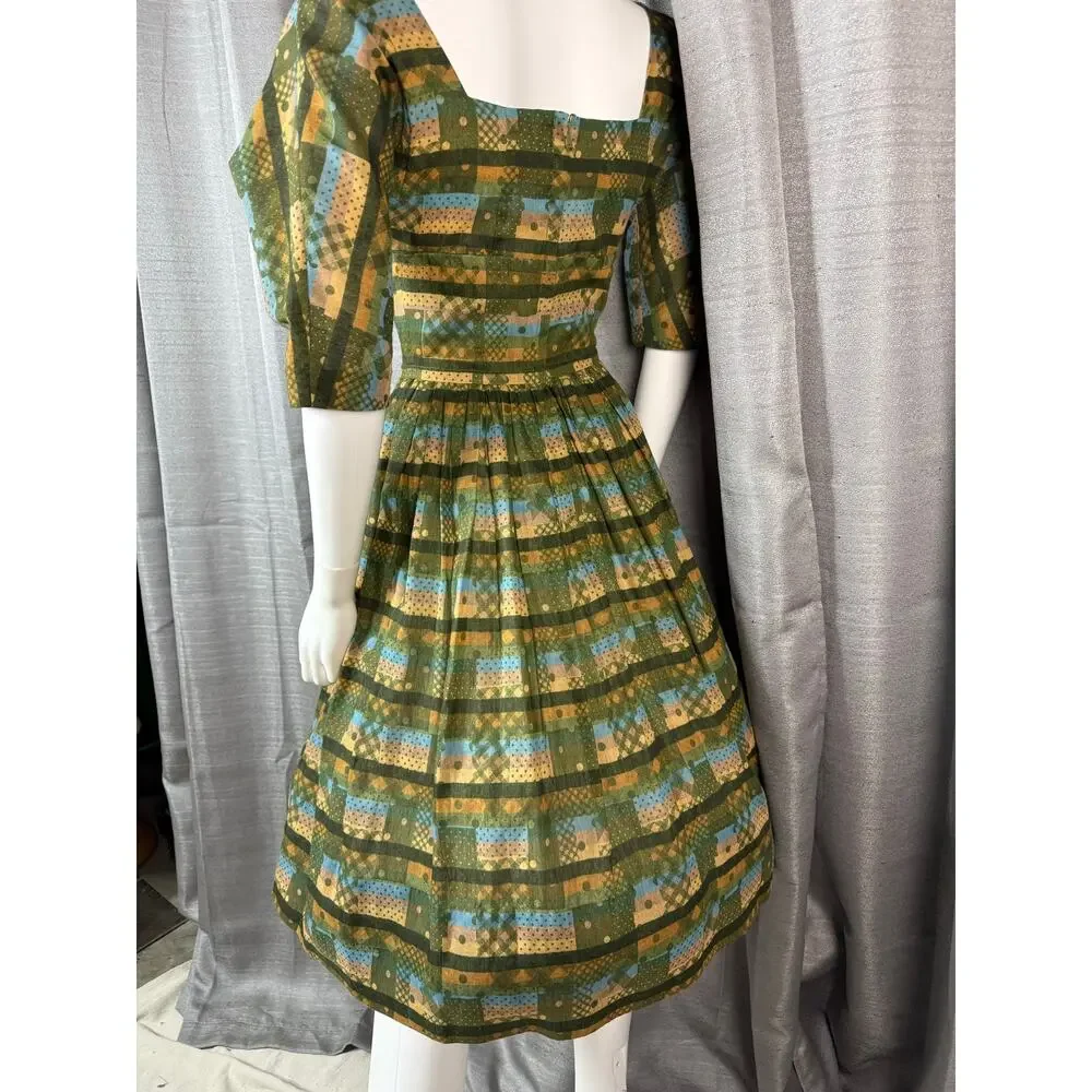 Vintage Moss Green Novelty Print Cotton Day Dress - Picture 5 of 8